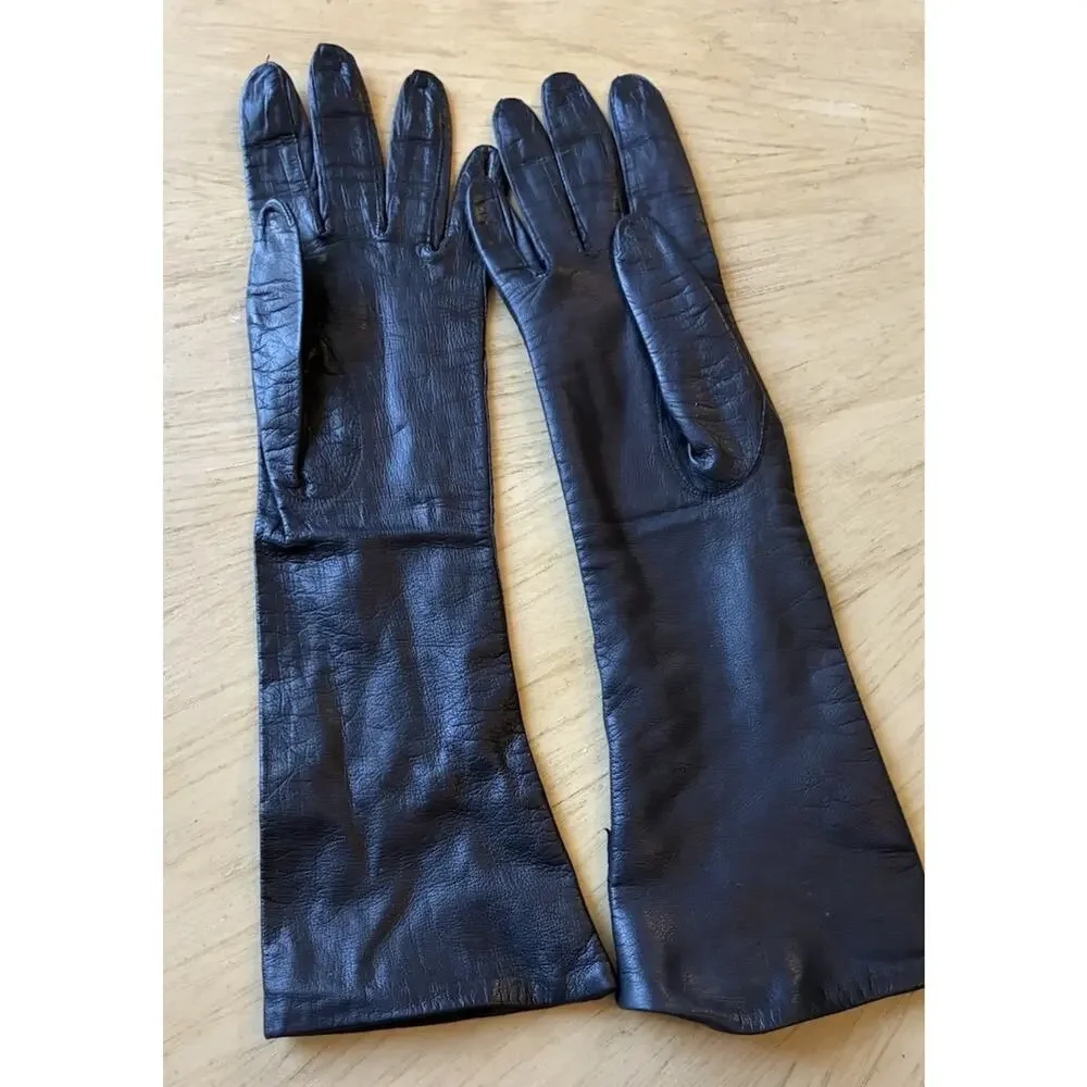 Vtg 50s Black REAL KIDSKIN Leather Gloves Sz 7 Belgium Opera Silk Lined Long 14”